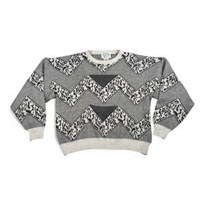 Vintage Giani Leone Sweater Adult 2XL Black White Acrylic Geometric Leather 80s
